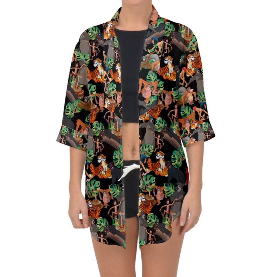 Jungle Pals on Black Chiffon Kimono