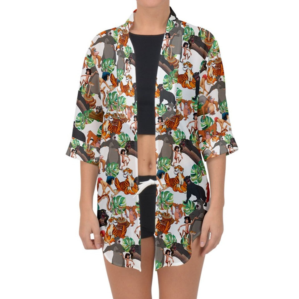 Jungle Pals on White Chiffon Kimono